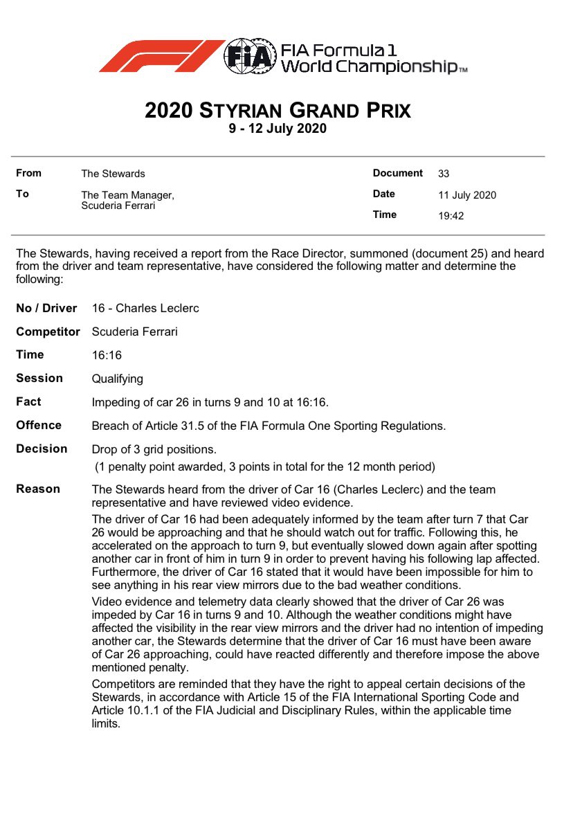 LeclercNews's tweet photo. Official confirmation by the FIA:

➡️ : three-place grid penalty + 1 penalty point for @Charles_Leclerc because of the incident with Kvyat..

➡️ : no further actions regarding the red flag incident.

Charles will start the race at P14 tomorrow...

#F1 #AustrianGP 🇦🇹 #Charles16 https://t.co/TF5xrZDEKn