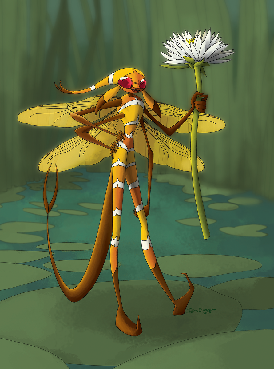 JEmeneau's tweet photo. Inspired by Cicely Mary Baker's Flower Fairies and Brian Froud's various faeries and goblins I created a dragonfly faerie. I wanted to make something less traditional but still recognizable as a faerie. 
#characterdesign #characterdesignchallenge #fairy https://t.co/QEb8KcJRmx