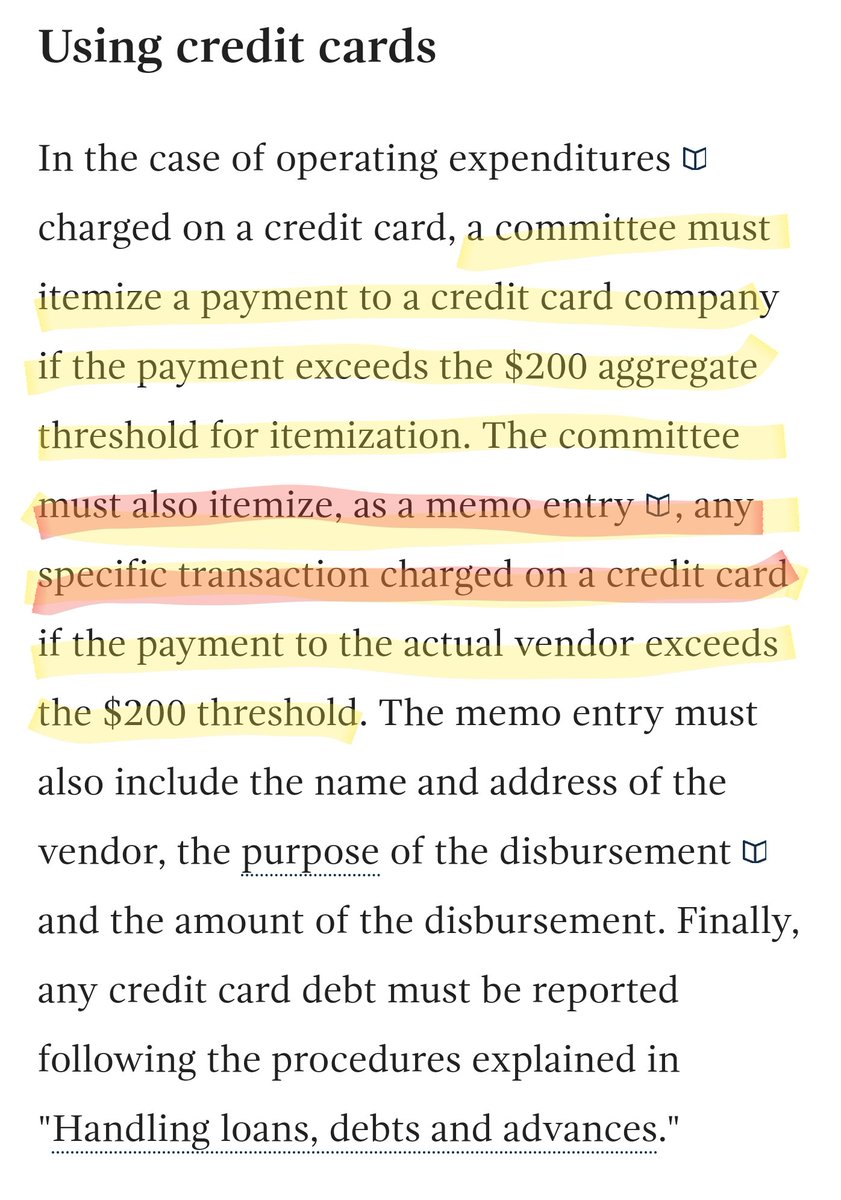 So wait. Brex is a creditor? Does this mean AOC paid off $2.5M of unitemized Brex CC charges with campaign funds?? Is that...allowed? I'm not an expert but the FEC website is.According to the FEC, any CC payments >$200 need to be itemized.$195,686 > $200...by a lot. Wtf? 