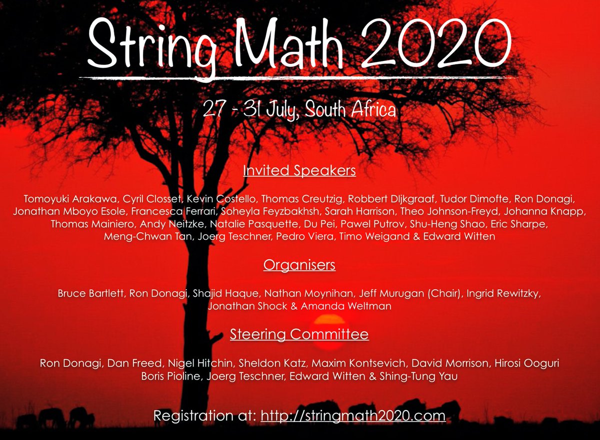 String Math conferences are an important event of the year for anyone working at the interface between mathematics and theoretical physics. In 2020, String Math comes to South Africa, hosted on Zoom &amp; live-streamed to Youtube. Registration is now open 👇

indico.cern.ch/event/938492/o…