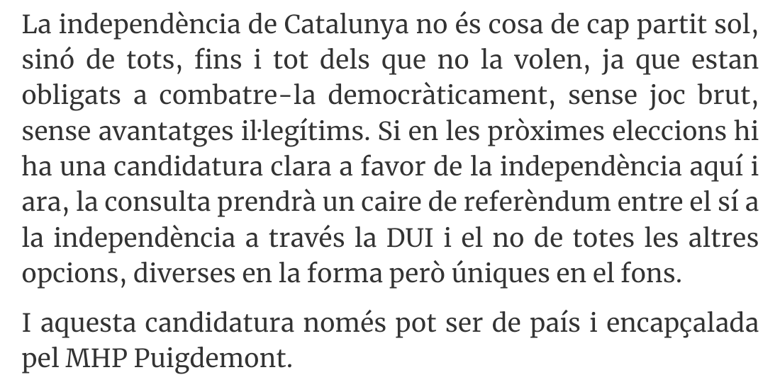 OBruixot's tweet photo. Si sou independentistes -independentistes dels que volen la independència ara, avui, i no dintre d'algunes generacions, quan la llum de l'esperit sant il·lumini els espanyols i ens permetin fer un referèndum- llegiu aquest article de @ramoncotarelo. https://t.co/Gq40w89S0Q https://t.co/XzLHIfjduA