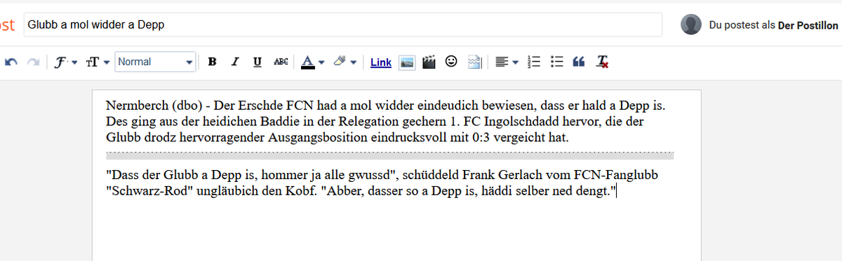 Der_Postillon's tweet photo. Seltener Einblick in die Redaktion. Diesen Text begann der (vom Fußballgucken leicht alkoholisierte) Chefred. in der 87. Minute der Relegation. Das 1:3 in der 95. Minute verhinderte dann jäh sein Erscheinen.
Der Glubb is drodzdem a Depp, aber manchmal hadder aa an Dusel.
#FCIFCN https://t.co/2pBuIsHnvr