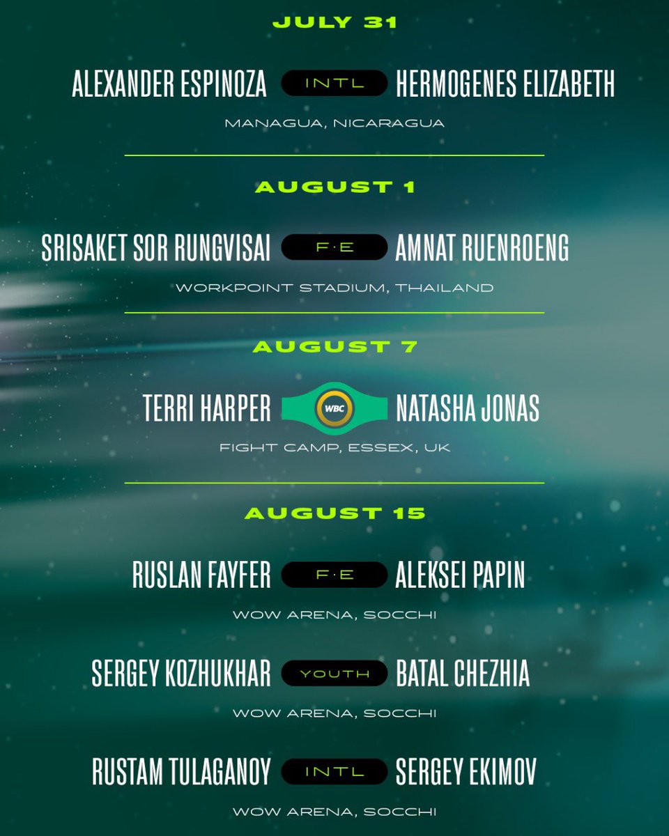 WBCBoxing's tweet photo. ๐ฐFight Schedule of WBC fights๐ฐ
WBC - World Title.
INTM - Interim World Title.
Diamond - Diamond Belt.
ITNL - International Fight.
FE - Final Elimination Fight.
Youth - Youth Title.
#FightSchedule #WBC https://t.co/RULtkE87rs