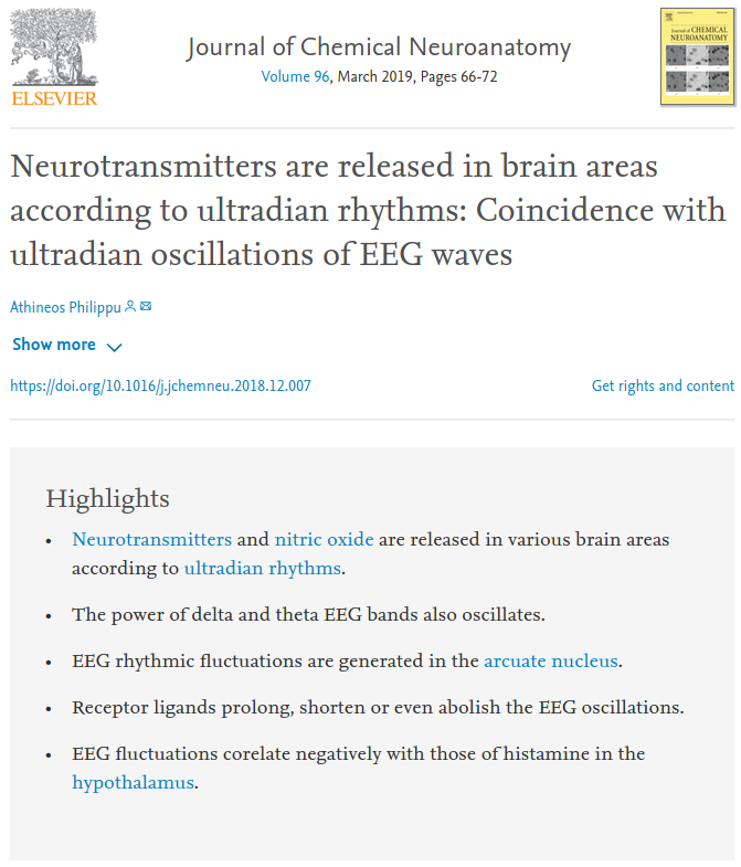theconnectome's tweet image. Philippu (2019) — intriguing paper on EEG rhythmic fluctuations associated with varying release rates of #catecholamines, #GABA, #glutamate and #histamine, generated in #ultradian cycles in the arcuate nucleus: sciencedirect.com/science/articl…