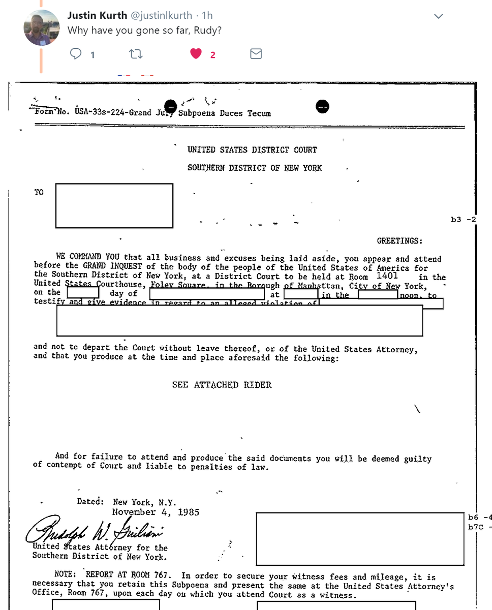 3/ Dans cette lutte contre la mafia, qui est la mission principale de Giuliani (AG du SDNY), quelqu'un à la Trump Org. "travaille" avec la mafia, et est convoqué à témoigner devant un grand jury (11/1985). Signature Giuliani Archives du FBI  https://twitter.com/FBIRecordsVault/status/1110617491540082689