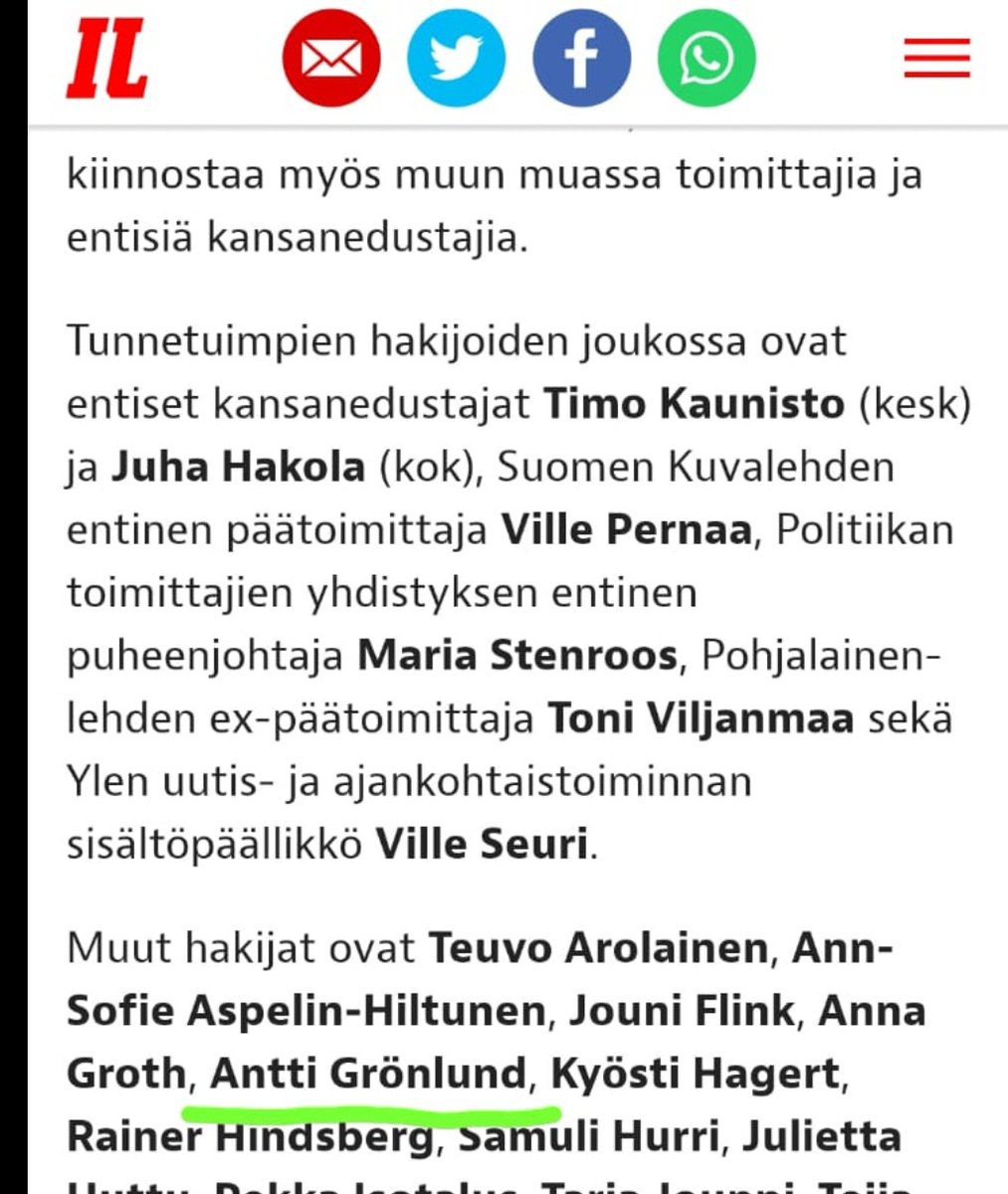 Koska asiaan liittyen on viime päivinä tullut useita kyselyitä, tiedotan nyt virallisesti:

Huhut hakemisestani Eduskunnan viestintäjohtajaksi ovat vahvasti liioiteltuja.

Kyseessä en siis ole minä, vaikka nimi sama onkin.

Tiedote päättyy.