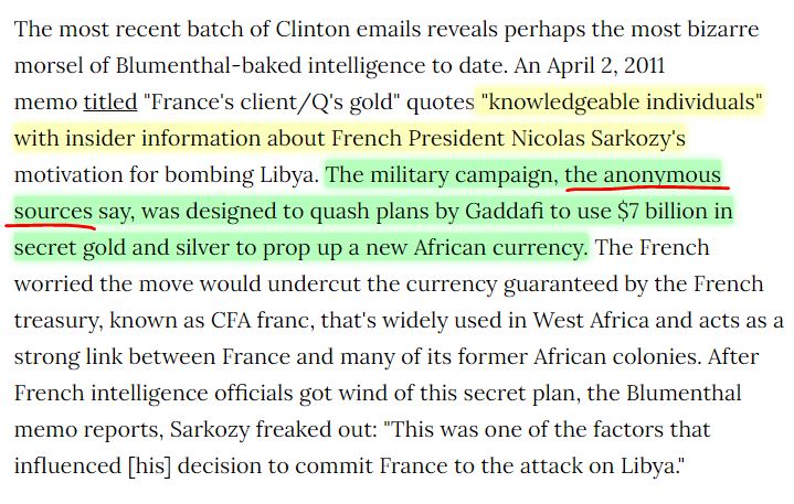 11\\These intel briefs were prepared by SB’s business partner and former CIA agent Tyler Drumheller. Blumenthal’s favorite topic was the gold conspiracy. He often cited anonymous, high-level sources.