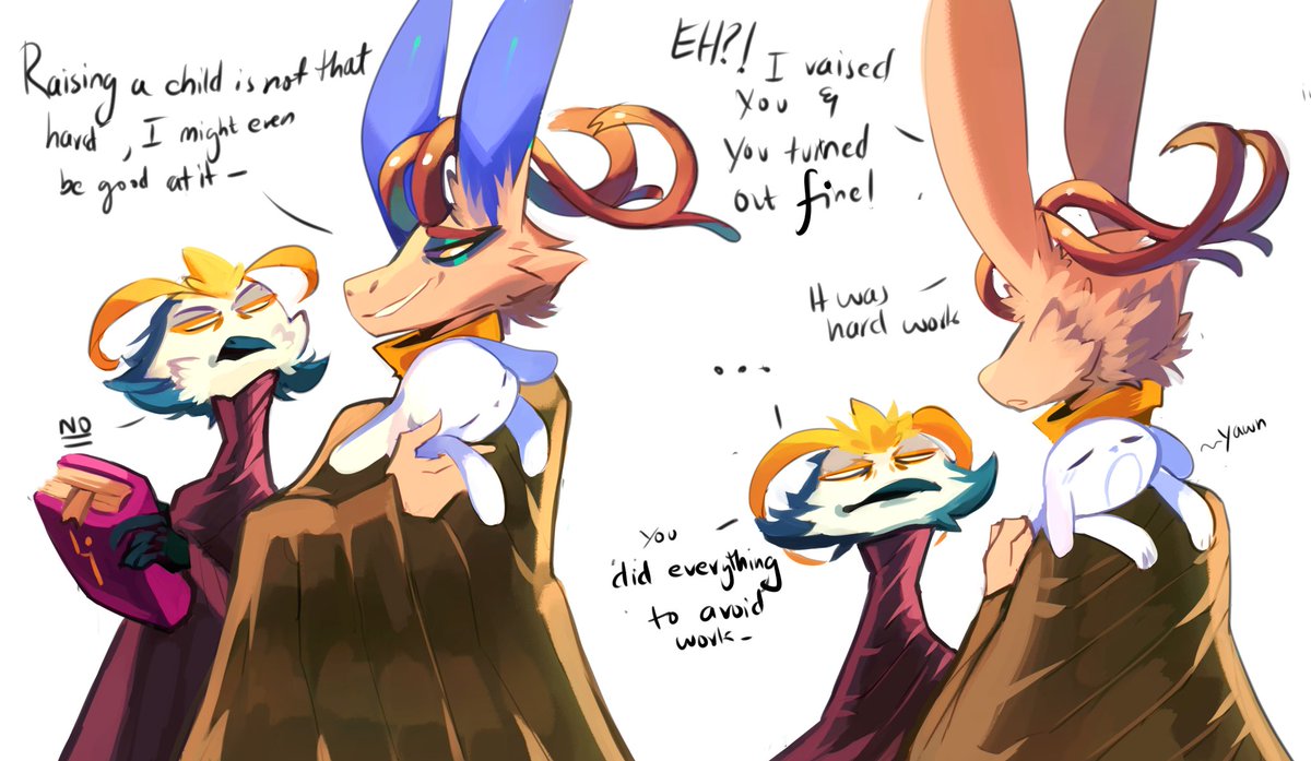 you love your dad but also really critical of Him 

(the bird is the same character, but I am still experimenting with their colors! idk which one looks good) 