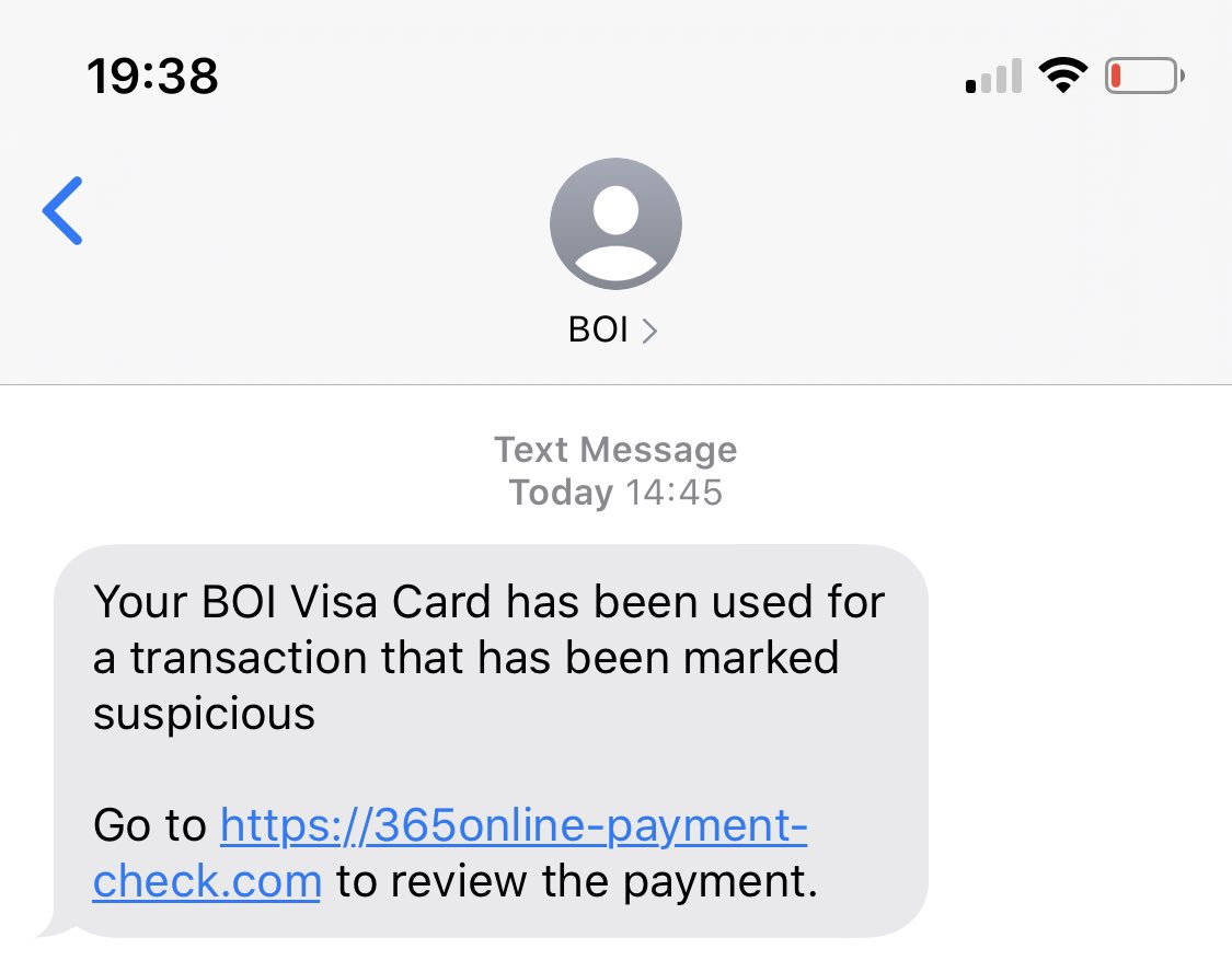 PHILIPLAWLER's tweet photo. @bankofireland I received this text today from BOI. I don’t have any accounts or cards from BOI 🤔 Just thought you should know https://t.co/06TZzBwJ4m