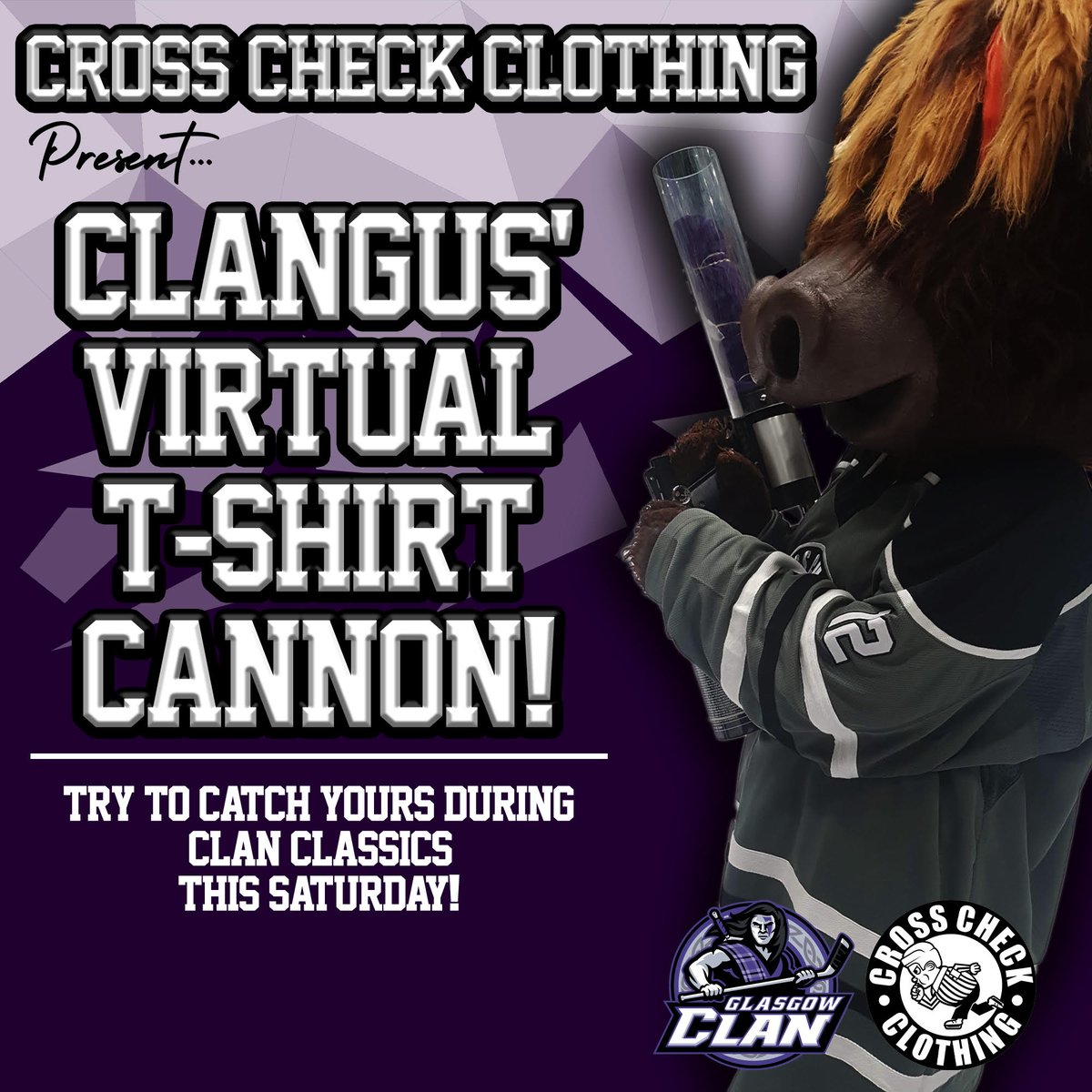 👕 T SHIRT CANNON 👕: <a href="/Clangus00/">Clangus 00</a> at the ready, put your 🙌🏻's up, RT &amp; Like to have a chance of winning a T Shirt courtesy of our friends at <a href="/crosscheckuk/">Cross Check Clothing</a>.

Visit their website HERE 🔗 bit.ly/2TSjo6R

#Glasgow | #EIHL | #PurpleArmy