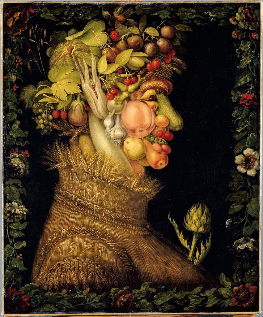 PP_Rubens's tweet photo. Summer, 1573, by Giuseppe Arcimboldo. Signed &amp; dated in weave of his grainy jacket. Artichoke seems a little odd, but rest is perfectly normal! For Arcimboldo, at least, &amp; it’s his day. https://t.co/XUm1bA2pVK
