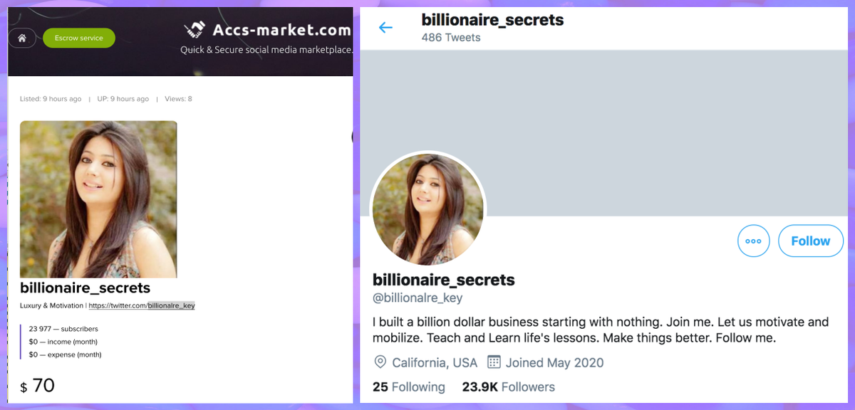 It's unclear why someone who built a billion dollar business starting with nothing would be trying to sell a 2-month old Twitter account with a stolen photo for $70, but if this makes sense to you then @billionalre_key (permanent ID 1261250017689505794) might just be your thing.