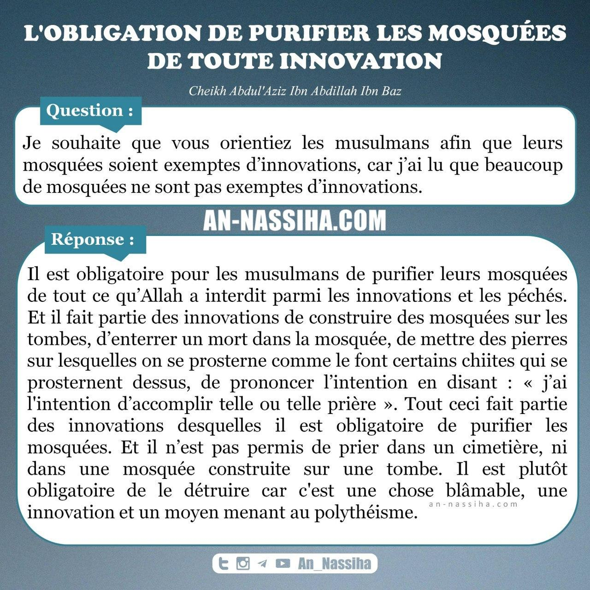 An_Nassiha's tweet photo. 🆕 #PUBLICATION_NASSIHA
PURIFIER LES MOSQUÉES DE TOUTE INNOVATION

📝 Par l'éminent Cheikh 
Abdul'Aziz Ibn Abdillah Ibn Baz, qu'Allah lui fasse miséricorde

📖 Article à lire sur :
https://t.co/zErbYiJCeo https://t.co/TE6D40x3r7