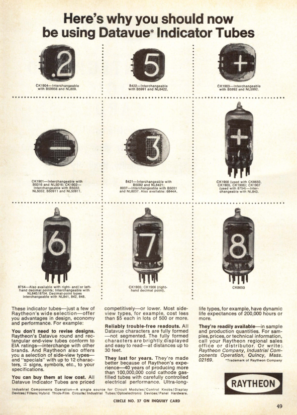 Raytheon nixie tube ad. only they can't call them nixie tubes because that was a Burroughs trademark.