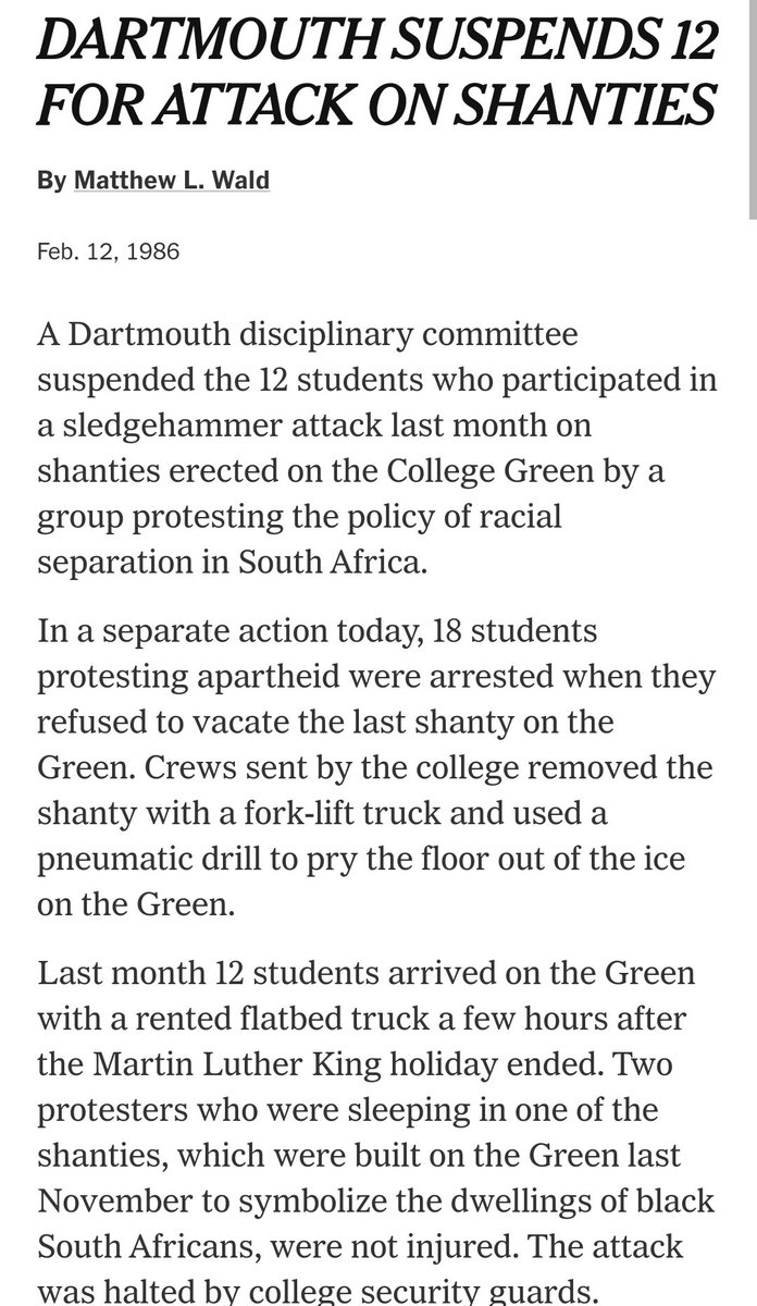 The first pic is just in the 1980s from Wikipedia. It doesn't mention the fact ten Dartmouth Review staffers were suspended from Dartmouth because they took sledgehammers to shanties that were erected to protest apartheid in South Africa (second pic)