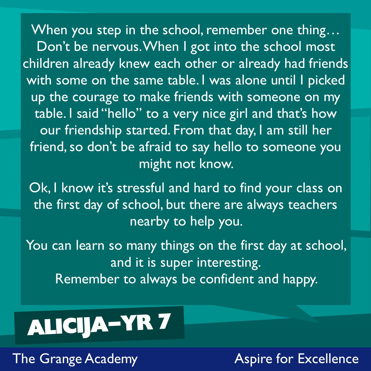 Grange_School's tweet photo. New Year 7 Students - Our current students wanted to give you some tips, advice and talk to you about their experiences when they started at The Grange. #transition #year7 #dontpanic #studentvoice https://t.co/4rIU3koZEN
