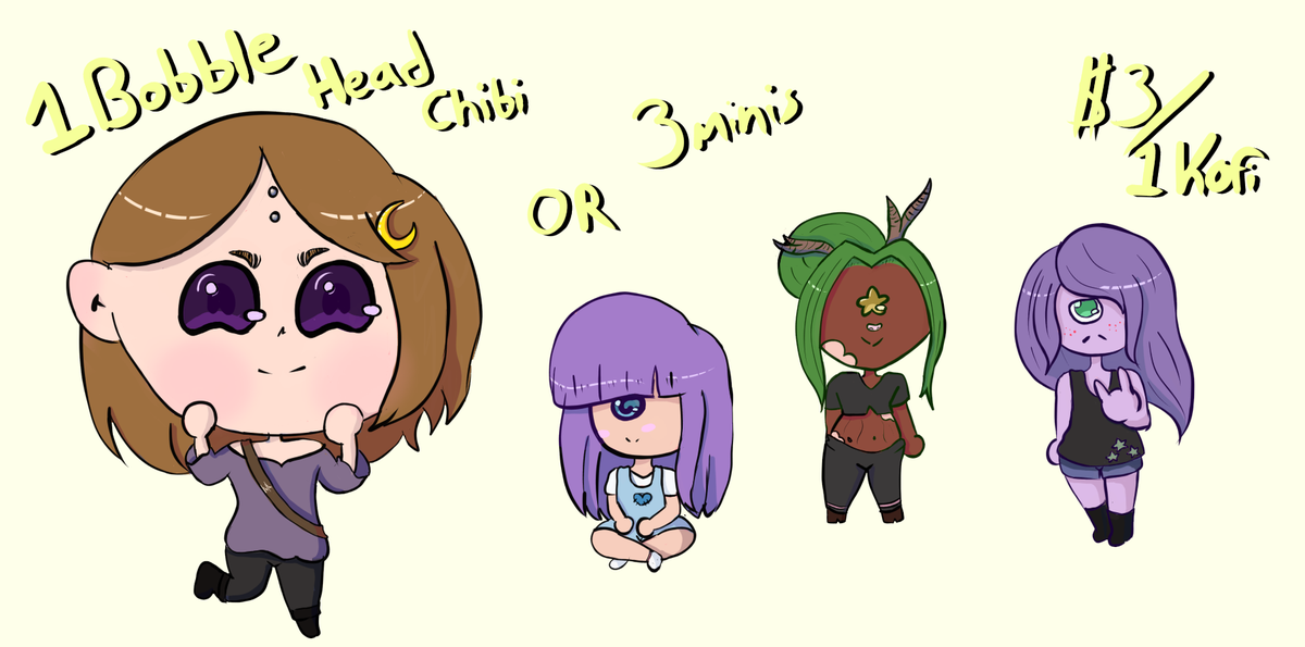 DrueDoodles's tweet photo. Opening up #commissions! $3 or 1 ko-fi for a bobble head chibi or three minis! (RT are very appreciated)
✔️Humanoids (any)
✔️Furries (flat face, anthro)
✔️D&amp;D characters /
✔️Complex characters if can simpify
❌Mechs/super complex armor 
#commissionsopen #opencommissions https://t.co/uXyKSMo3dC