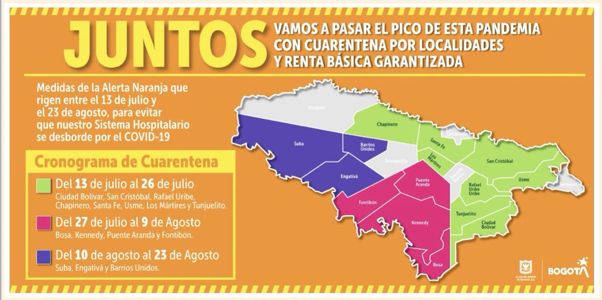 ClaudiaLopez's tweet photo. Tendremos 3 turnos de cuarentena estricta:

➡️13 - 23 de julio: Ciudad Bolívar, San Cristóbal, Rafael Uribe, Chapinero, Santa Fe, Usme,Mártires y Tunjuelito

➡️27 julio - 9 agosto: Bosa, Kennedy, Puente Aranda y Fontibón

➡️10 agosto - 23 agosto: Suba, Engativá y Barrios Unidos https://t.co/rvgh8kpNxQ