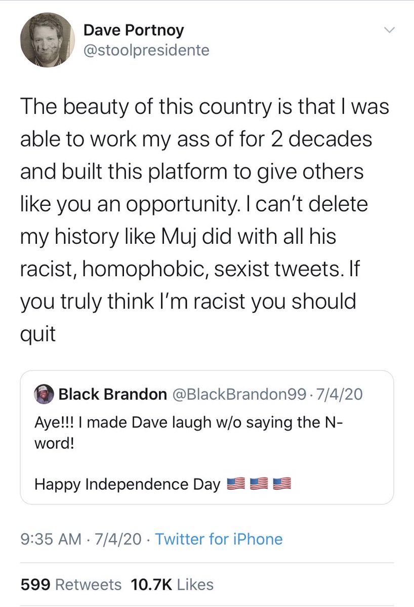 So, this exchange happened between Brandon Newman, a Barstool employee, and Dave Portnoy on July 4th after Portnoy’s N-word & racist Kaepernick videos went viral.