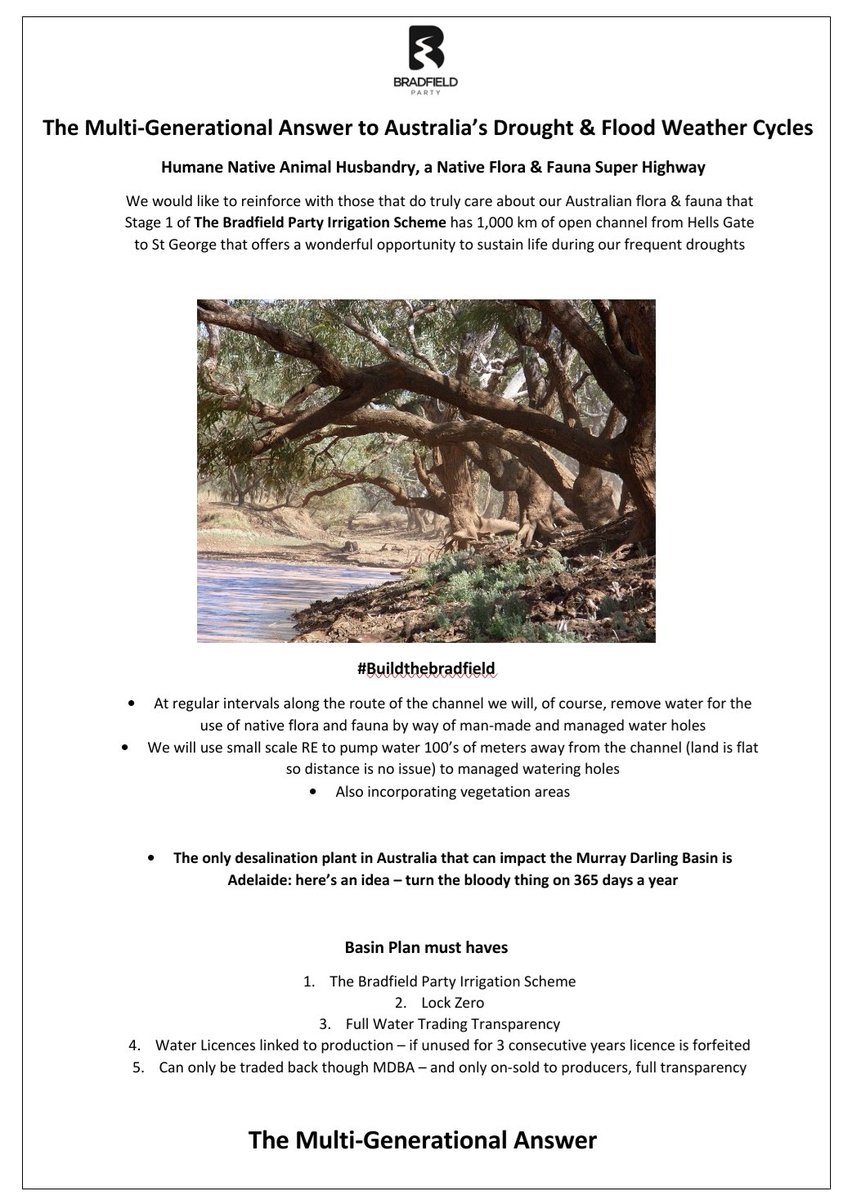 We will hold a national design competition for man made waterholes along the 1,000 km route of the - building the best 200 - this will provide drought relief for our Native flora and fauna