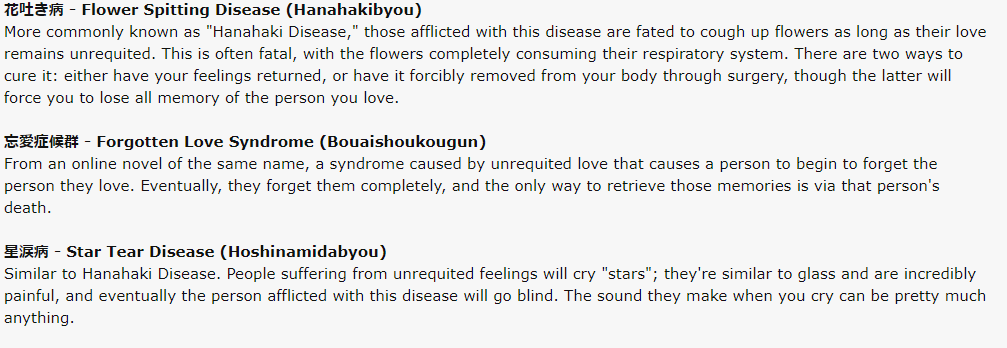 there's actually a lot of cool fictional diseases that never make it to western fandom, so i wrote a little thing about a few i found! i know hanahaki's pretty popular and that star tear's starting to pop up too, but the rest are ones i didn't know anything about until recently.