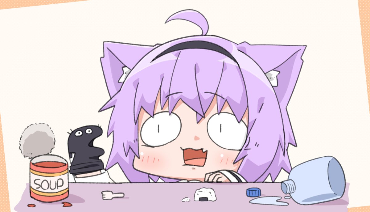 nekomata okayu 1girl animal ears cat ears ahoge purple hair hairband fang  illustration images