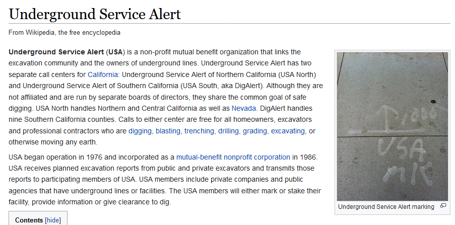 Underground Service Alert is a organization in California and parts of Nevada that helps construction crews keep track of where stuff is. Your state or municipality almost certainly uses a similar service, but in California, where Tom took the photo, it's USA.6/