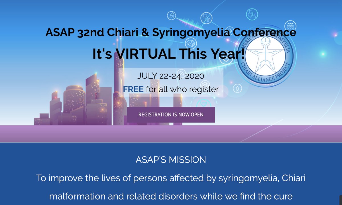 ChiariMedicine's tweet photo. The ASAP 32nd Annual #Chiari &amp; #Syringomyelia Conference will be presented virtually this year from July 22-24. The conference is open to the public. Registration is now open. https://t.co/caHqp0xicO https://t.co/uW6BubHUkg