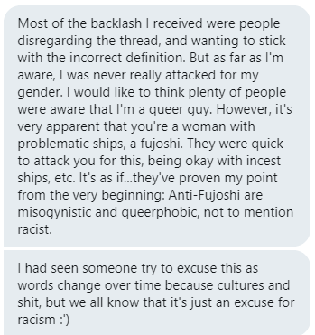 For anti-fujo angry at this thread because I'm a woman, friendly reminder that Ouyasumi29/Tsuyu, who authored this thread, is not. I simply reposted this for him because he left discourse twt and asked me to repost it. He also sent me this message and ask me to post it too.