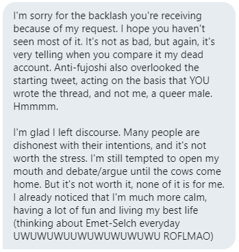 For anti-fujo angry at this thread because I'm a woman, friendly reminder that Ouyasumi29/Tsuyu, who authored this thread, is not. I simply reposted this for him because he left discourse twt and asked me to repost it. He also sent me this message and ask me to post it too.