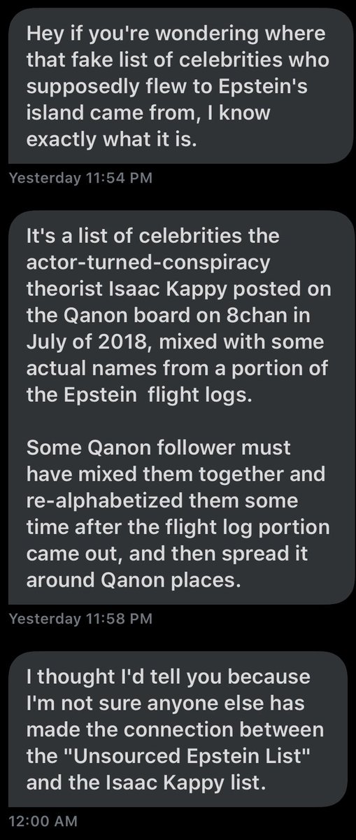 A friendly tweeter sent more info on the origins of the unsourced celebrity names. They’re “The Isaac Kappy List” and showed up on 8chan in July 2018.
