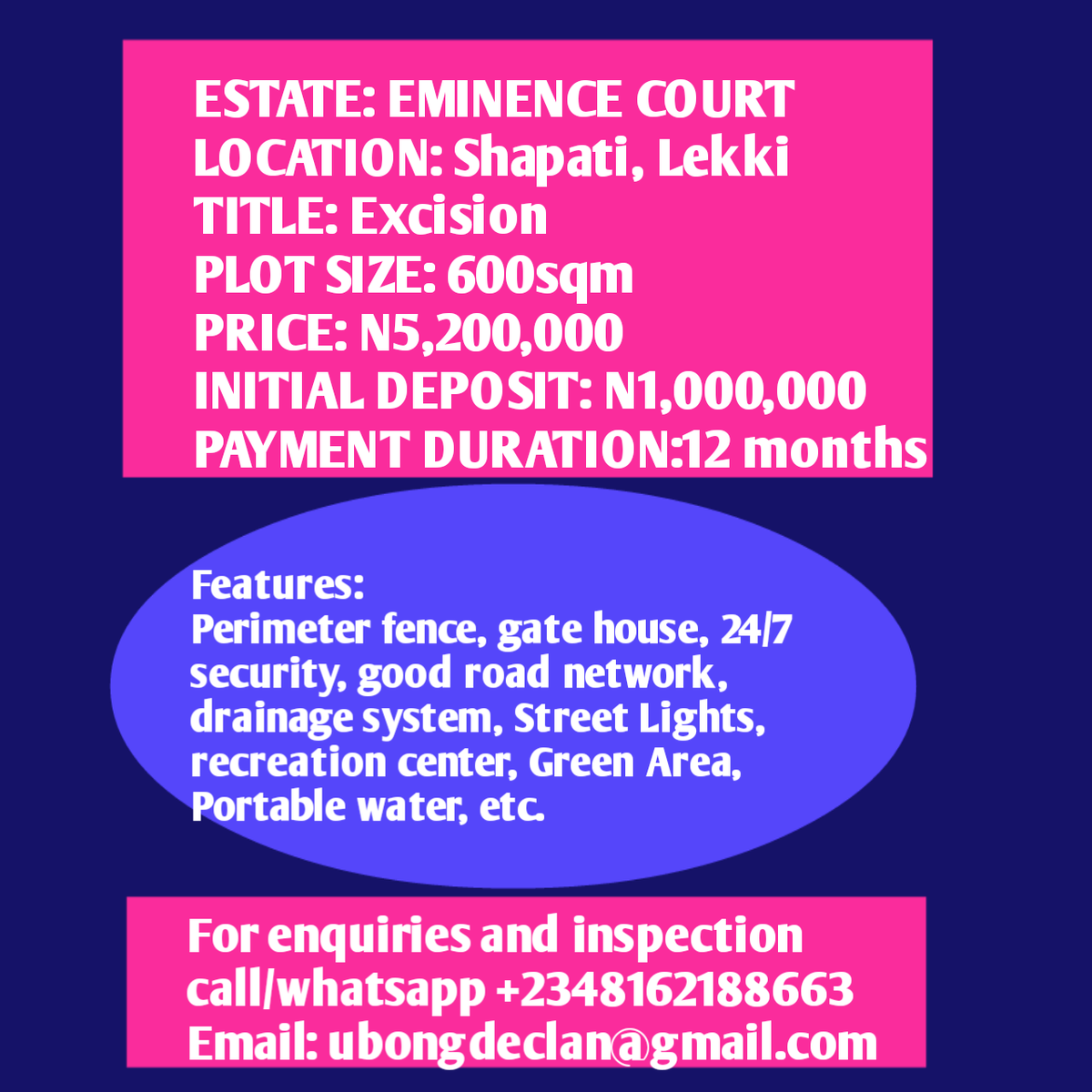 For enquiries, inspection and payment contact: 
Ubong Declan 
wa.me/+2348162188663
Email. ubongdeclan@gmail.com