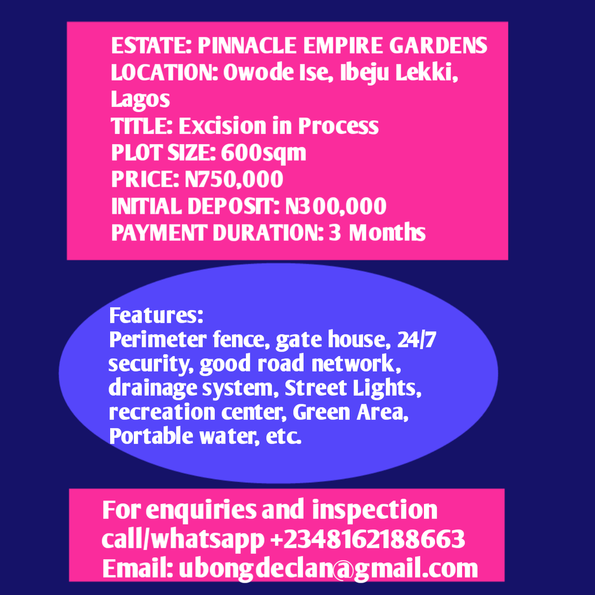 For enquiries, inspection and payment contact: 
Ubong Declan 
wa.me/+2348162188663
Email. ubongdeclan@gmail.com