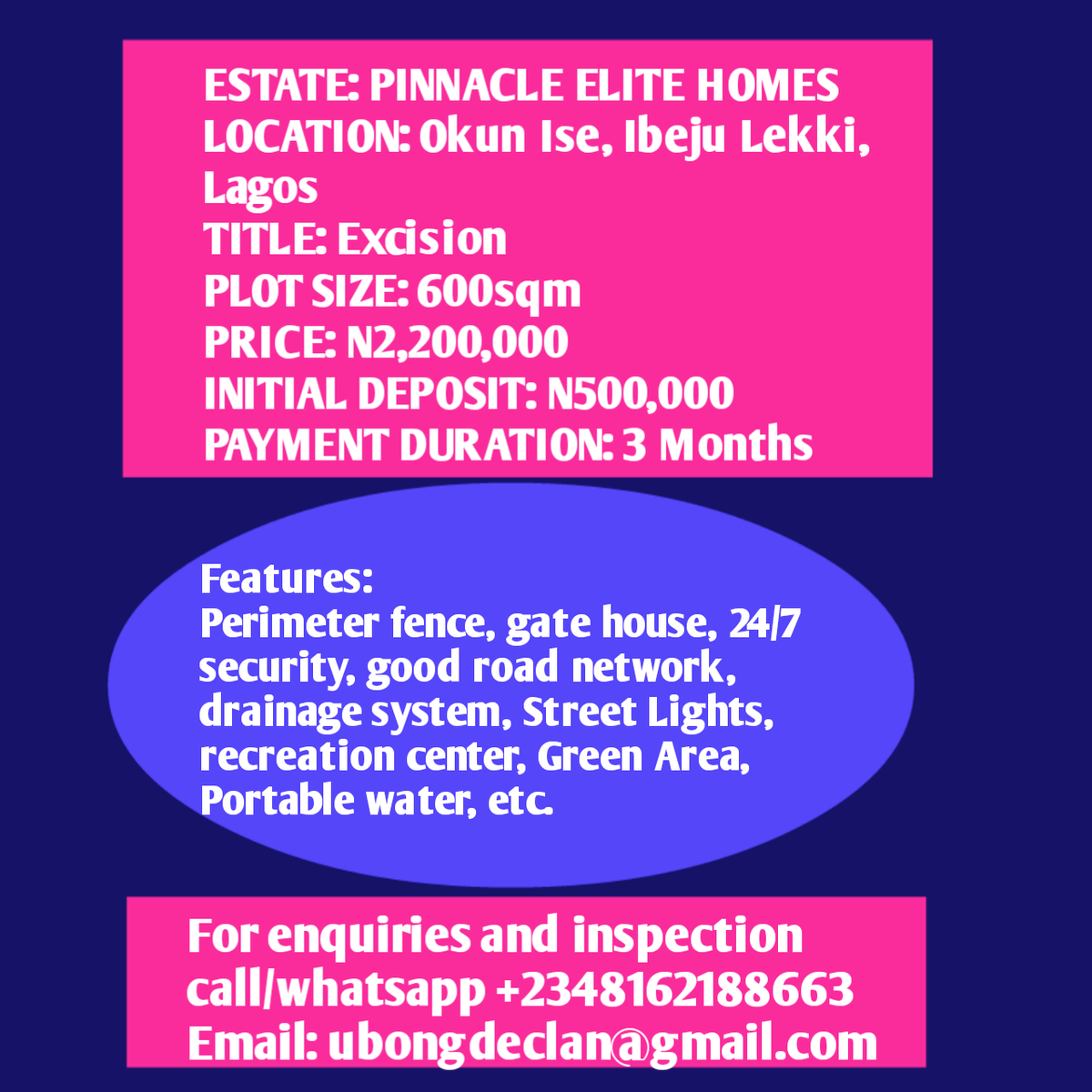 For enquiries, inspection and payment contact: 
Ubong Declan 
wa.me/+2348162188663
Email. ubongdeclan@gmail.com