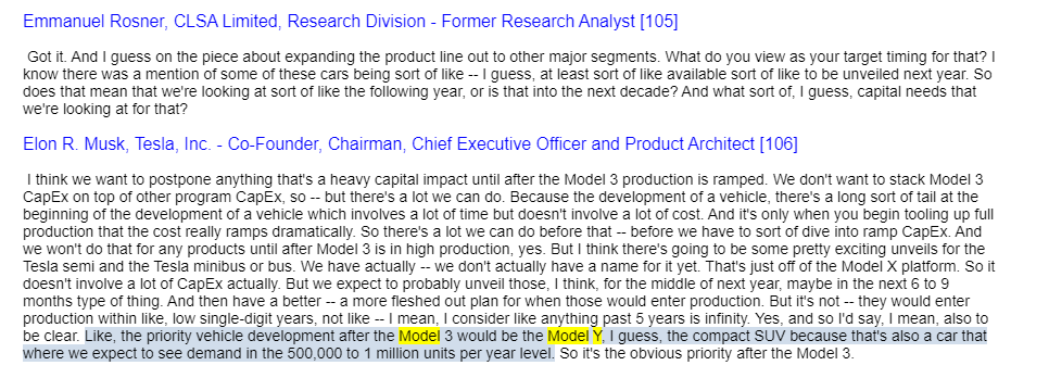 Musk's first public mention of Model Y demand expectations was on Tesla's Q2 2016 earnings call in August 2016 where Musk publicly estimated Model Y demand at 500k to 1 million units per year.