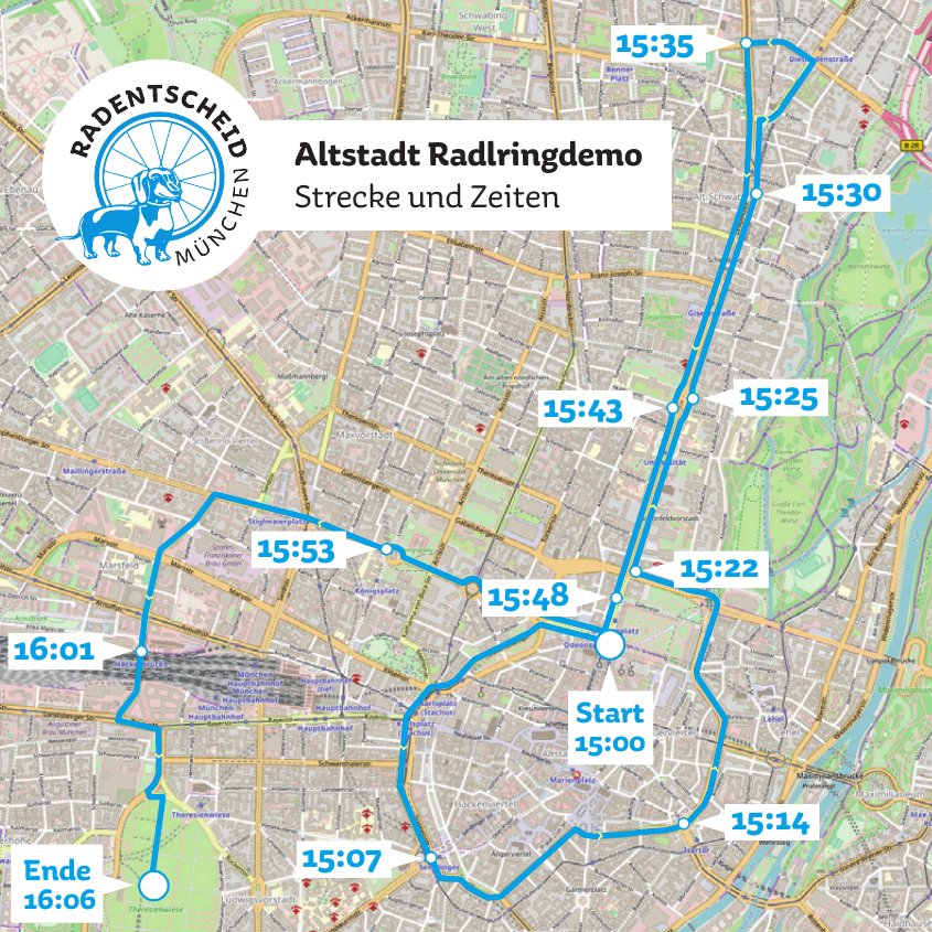 ADFC_Muenchen's tweet photo. Save the date: Am 18.07. ist @Radentscheid_M Radlringdemo! Demonstriere mit uns für eine schnelle Umsetzung des beschlossenen Radentscheids! Hier eine Karte der Strecke mit Uhrzeiten. https://t.co/JIHC1mOKf6