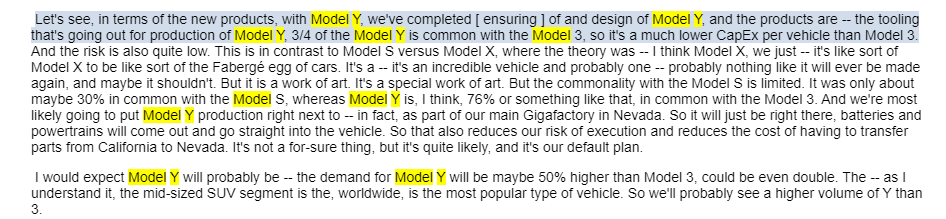 On the Q4 2018 earnings call in January 2019, Musk stated that the Model Y would have up to 50% more demand than the Model 3.