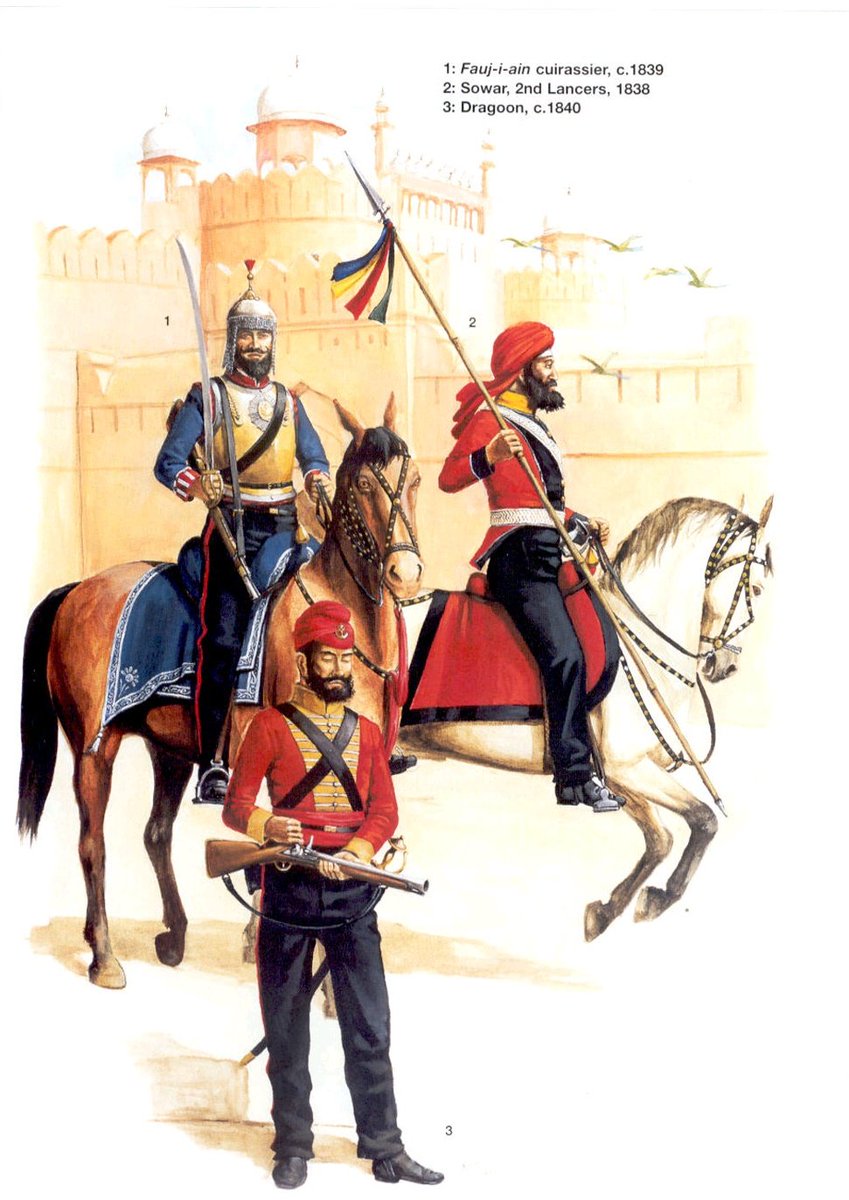 The cavalry of the Lahore Empire was composed of three main groups:The regular cavalry – Highly disciplined troops, initially under the command of French Generals Allard and Ventura and composed of regiments modelled along European lines.