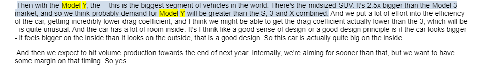 At the Tesla 2019 annual meeting in June 2019, Musk stated "we think probably demand for Model Y will be greater than the S, 3 and X combined."At this point, Musk almost certainly knew Model Y orders were dramatically below initial Model 3 order levels.