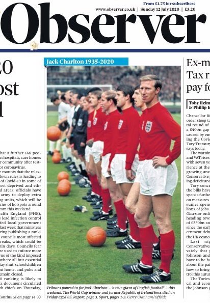 Front and back pages in England on Jack Charlton focus mainly on 1966