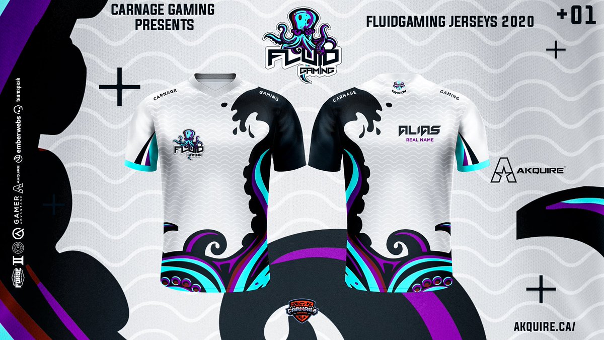 Excited to release our Official Jerseys! Amazing design created by the one & only @Akquire. Thank you to our Partners @CGCarnageGaming for allowing us to grow alongside them, for helping us with this amazing design. Make sure to get to some Fluid Gaming Apparel!!