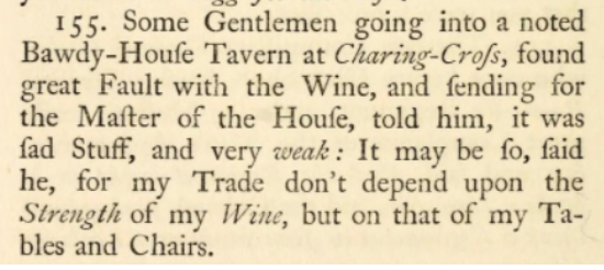 Brothels continued to operate in the Victorian era, but people seem to have joked about them much less openly. These two gags were both cut from the 19th century reissue of Joe Miller. 'Seraglio' = Georgian slang term for a brothel. /22