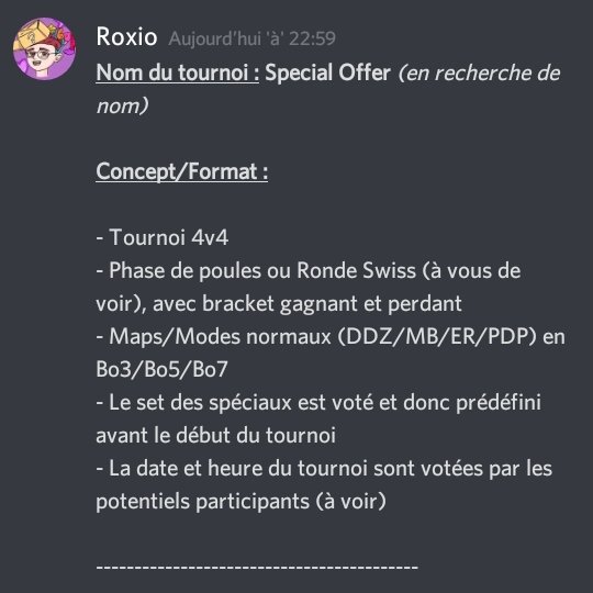 Roxiooo_'s tweet photo. Assez gros projet de tournoi que j'ai conceptualiser, il s'agit de la Special Offer ! (Nom temporaire)
N'hésitez pas à donner vos avis, suggestions, questions, je suis preneur ^^
Ah oui et si vous pouviez retweeter ce serait sympa (merci à ceux qui le feront)
[Screen 1-4/11] https://t.co/7qhPnABXA2