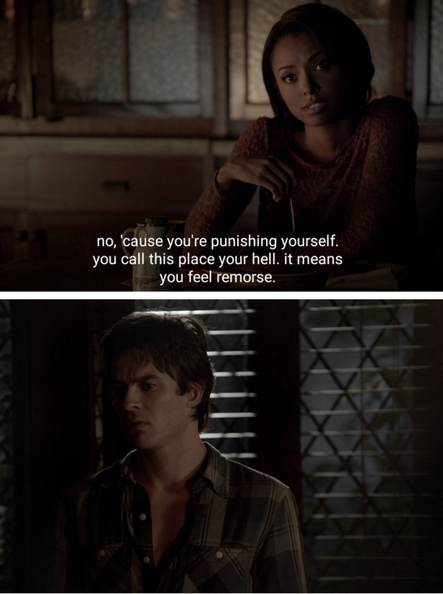 + & understood that he feels remorse for his actions. she then told him that his hope for redemption isn't lost without excusing his actions or coddling him. we also know that damon & bonnie talked a lot when they were in the prison world. damon even told her his war stories.