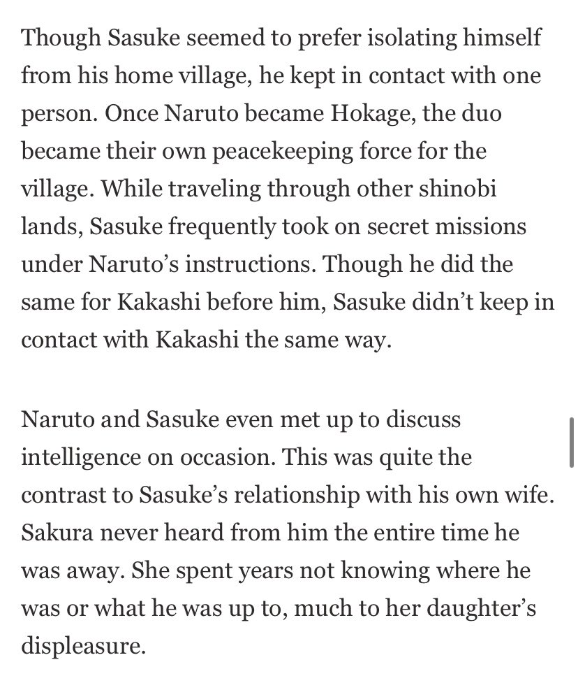 so in boruto, sasuke marries sakura and has a daughter, sarada and naruto marries hinata and has a son and a daughter, boruto and himawari. sasuke isnt around his family much due to him wanting to atone for his sins. while he is away, he does keep in touch with naruto.