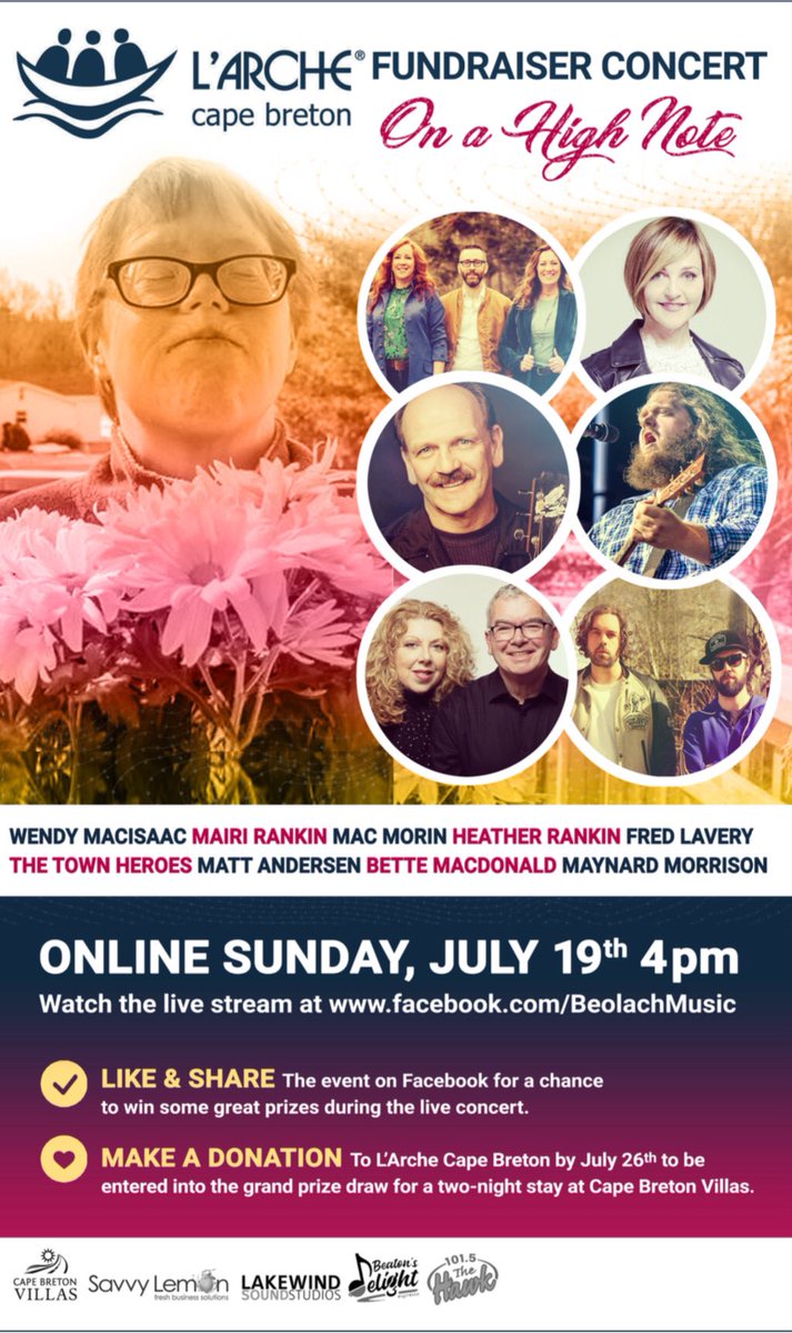 larchecb's tweet image. On a High Note — an online fundraiser concert in support of L’Arche Cape Breton!

If you’re looking for a fun, star-studded event for a good cause, join us for a virtual concert on July 19th at 4:00PM.

Visit our Facebook page for more details!  

#larchelife #liveinjoy