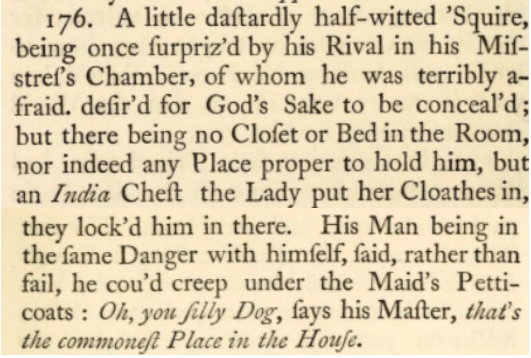 This is a strange one. Lovers hiding in a wardrobe when a husband returns home early are a familiar comic trope, but this lotherio seems to have brought his manservant along! /26