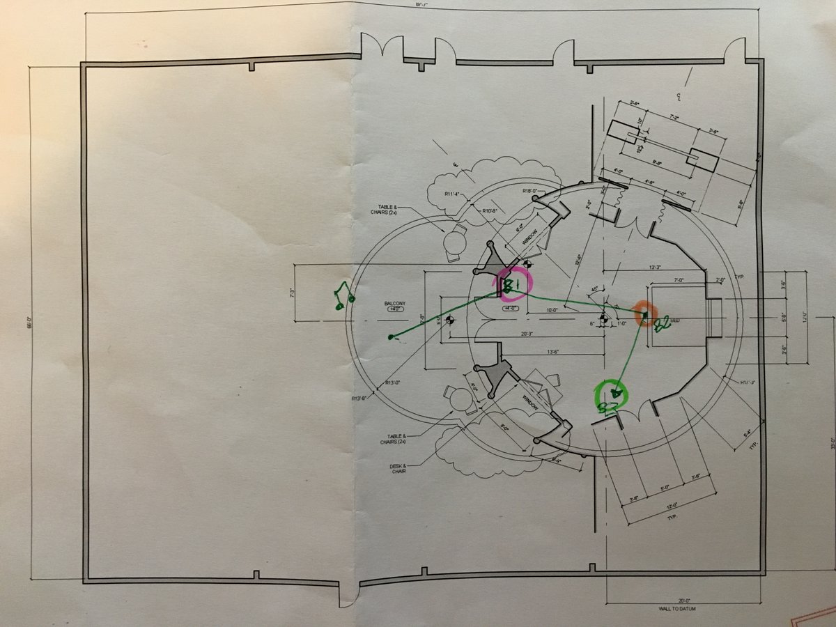 A map I drew during the rehearsal of the Quill & Gamora bedroom argument of where they go, from out on the balcony, to Gamora on the couch as Quill stands in the doorway, to besides the bed arguing, and Quill pacing away.