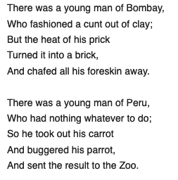 I've found tantalising glimpses of the ribald jokes that Victorians might've told behind closed doors. The Pearl Magazine (1879), for instance, circulated privately and features eyewateringly graphic sexual limericks! /29  https://en.wikisource.org/wiki/The_Pearl/Volume_1/Nursery_Rhymes