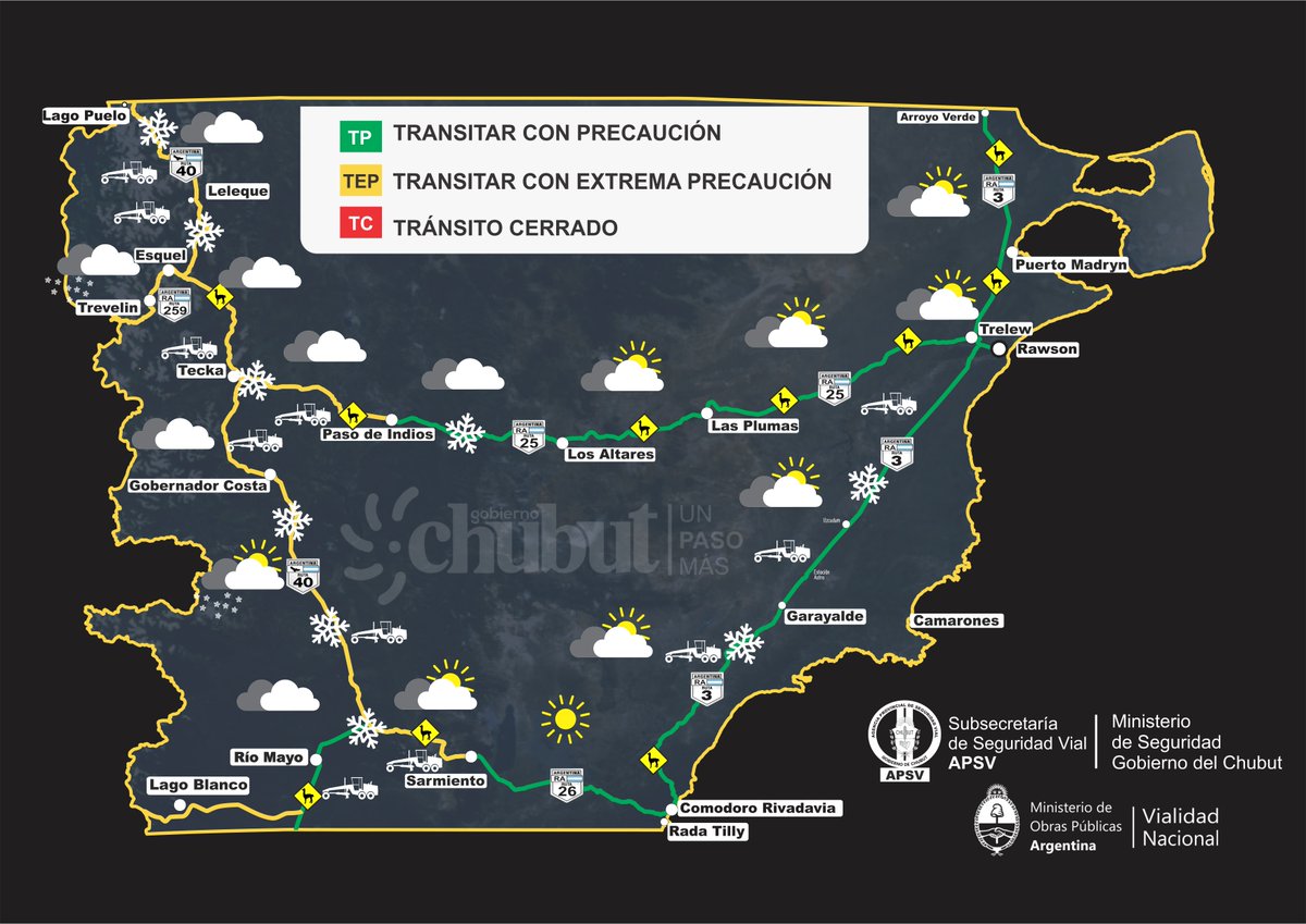 #AHORA 
ATENCIÓN 
MAPA TRANSITABILIDAD DE RUTAS NACIONALES QUE ATRAVIESAN LA PROVINCIA DE #CHUBUT 
Fuente: Vialidad Nacional 
Vía 
<a href="/Marceyap/">Marcelo Yapura</a>
 
👇👇👇👇